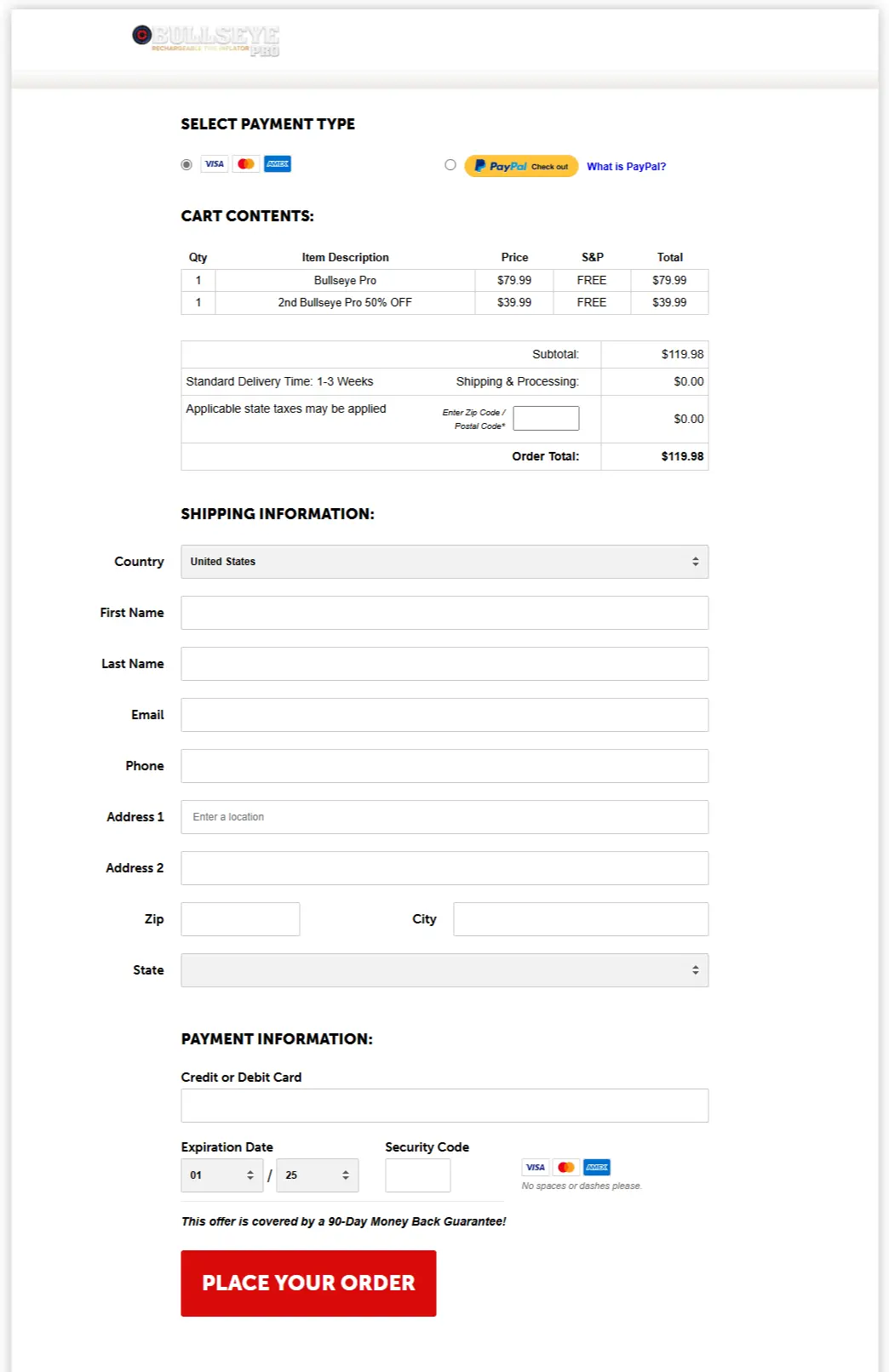 Bullseye pro  checkout page