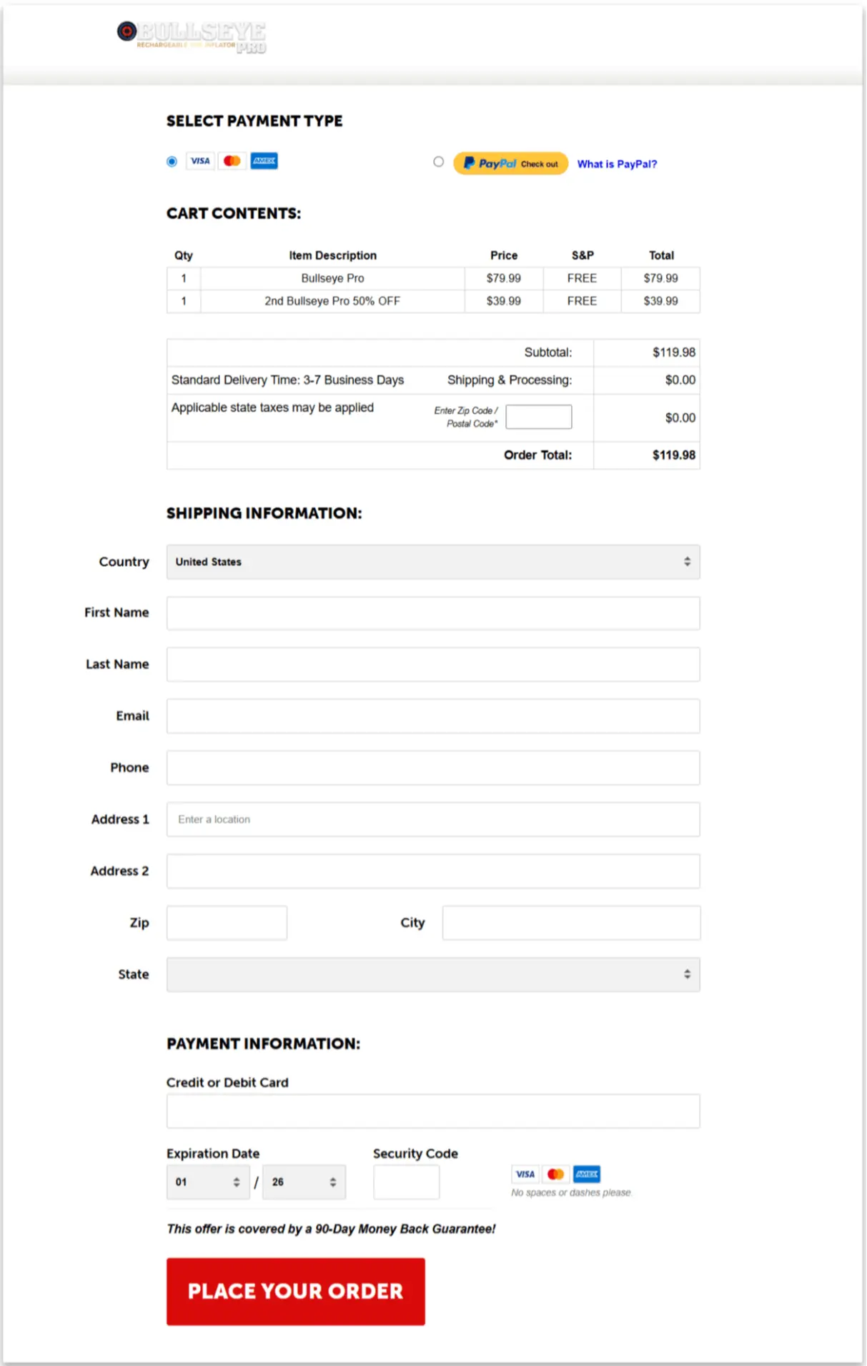 Bullseye pro  checkout page